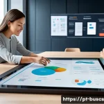 인 미디어 비즈니스에서의 사용자 경험 개선 - A modern digital workspace scene illustrating user-centered design principles: a diverse group of pr...