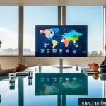 인 미디어 비즈니스의 글로벌 시장 진출 전략 - A professional business meeting scene in a modern Brazilian office with diverse team members discuss...