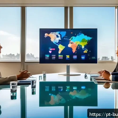 인 미디어 비즈니스의 글로벌 시장 진출 전략 - A professional business meeting scene in a modern Brazilian office with diverse team members discuss...