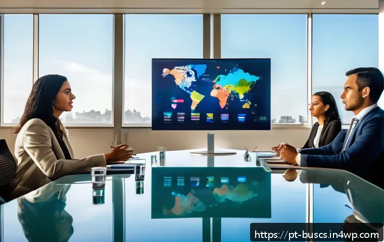 인 미디어 비즈니스의 글로벌 시장 진출 전략 - A professional business meeting scene in a modern Brazilian office with diverse team members discuss...