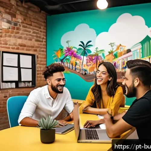 Home 30 인 미디어 비즈니스의 인플루언서 마케팅 활용 - A vibrant digital marketing workspace showing a diverse Brazilian influencer team collaborating on a...