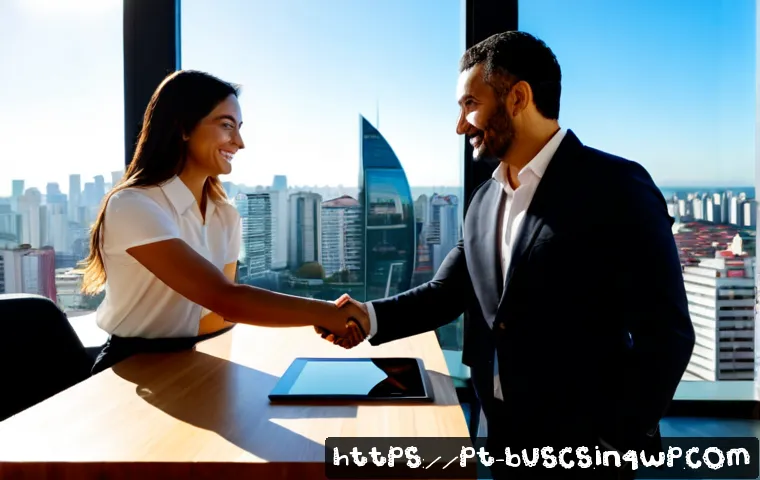 Home 17 인 미디어 비즈니스의 파트너 관계 구축 - Photorealistic business partnership meeting in a bright contemporary media office in São Paulo, Braz...